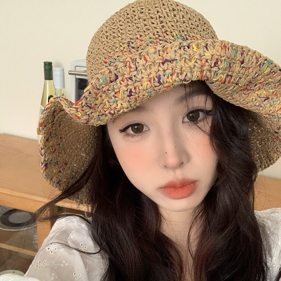 Summer Hollow Sun Hat Colorful Vacation Style Wide Brim Preparation Straw Hat