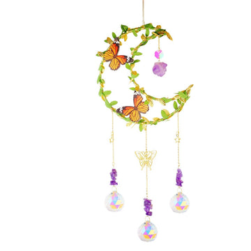 Pandantiv Suncatcher ametist clopoțel de vânt cu frunze înfășurate și fluturi