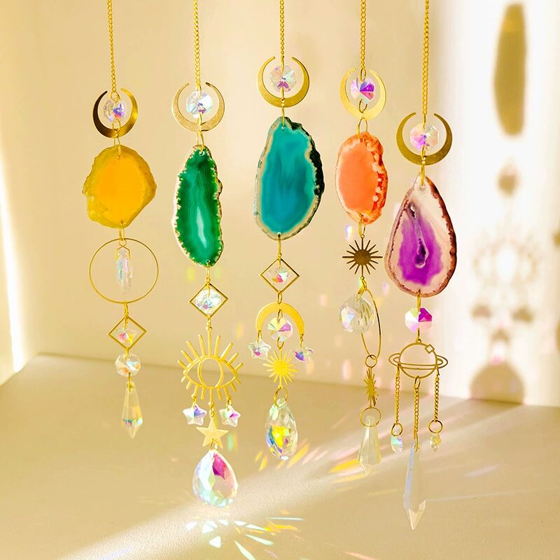 Natural Colorful Agate Piece Crystal Raw Stone Wind Chime Suncatcher Pendant