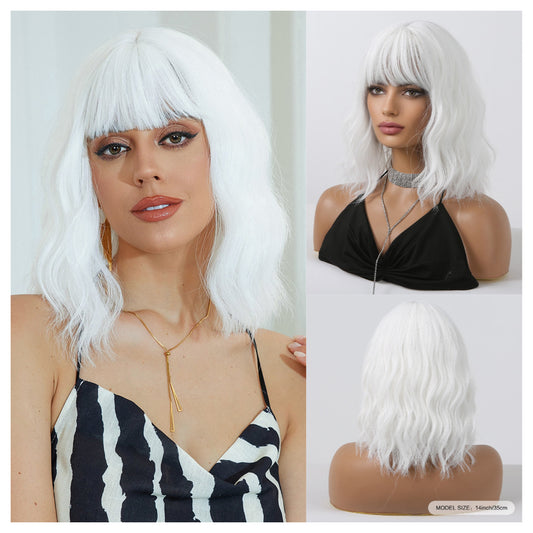Short white wig with bangs and curly hair