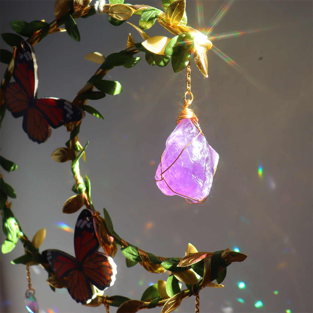 Suncatcher Amethyst Wind Chime Pendant with Wrapped Leaves and Butterflies