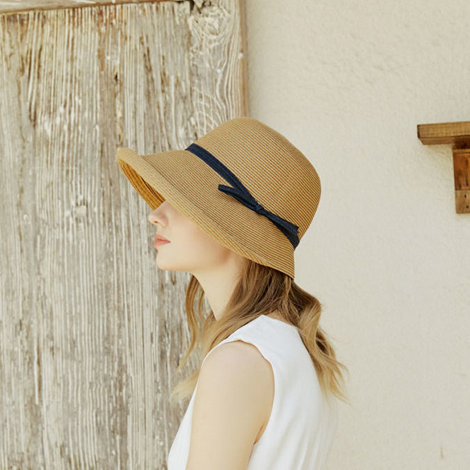 Female Summer Wide Brim Elegant Black Strap Sun Visor Vacation Straw Hat