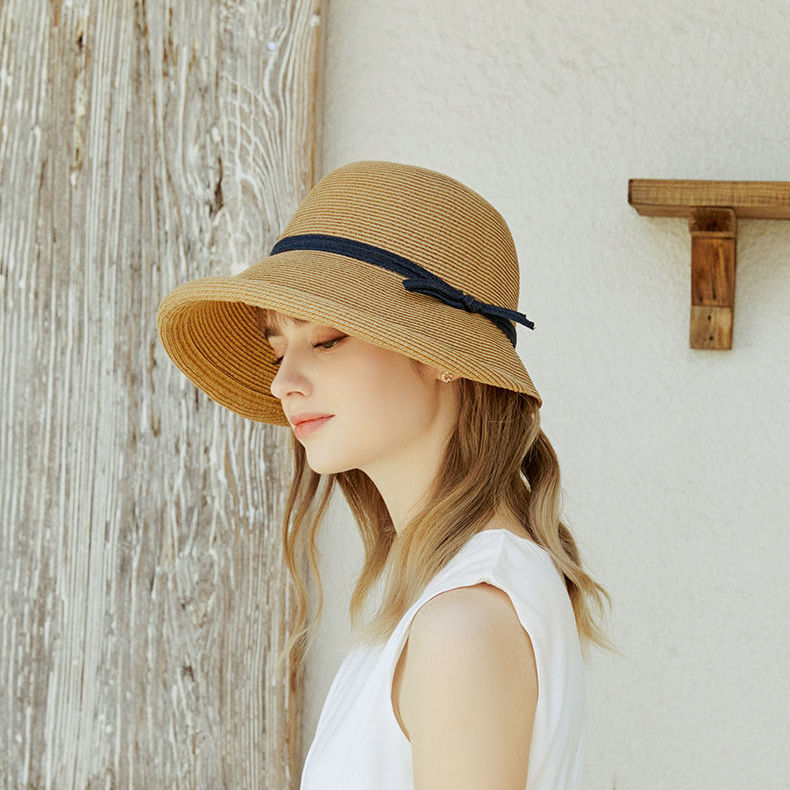Female Summer Wide Brim Elegant Black Strap Sun Visor Vacation Straw Hat