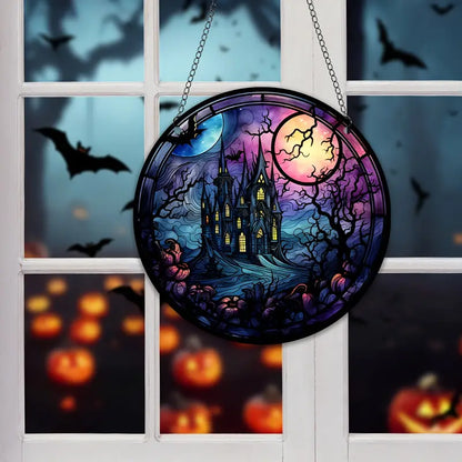 Halloween Moon Castles Stained Suncatcher Halloween Window Hanging