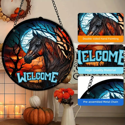 Halloween Welcome Horse Decor Stained Window Hanging