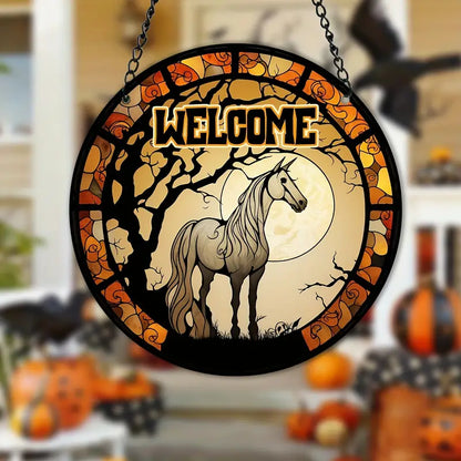 Halloween Welcome Horse Decor Stained Window Hanging