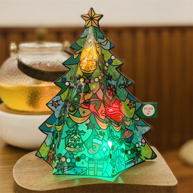 Felicitare 3D cu muzică de pom de Crăciun cu lumină de sticlă