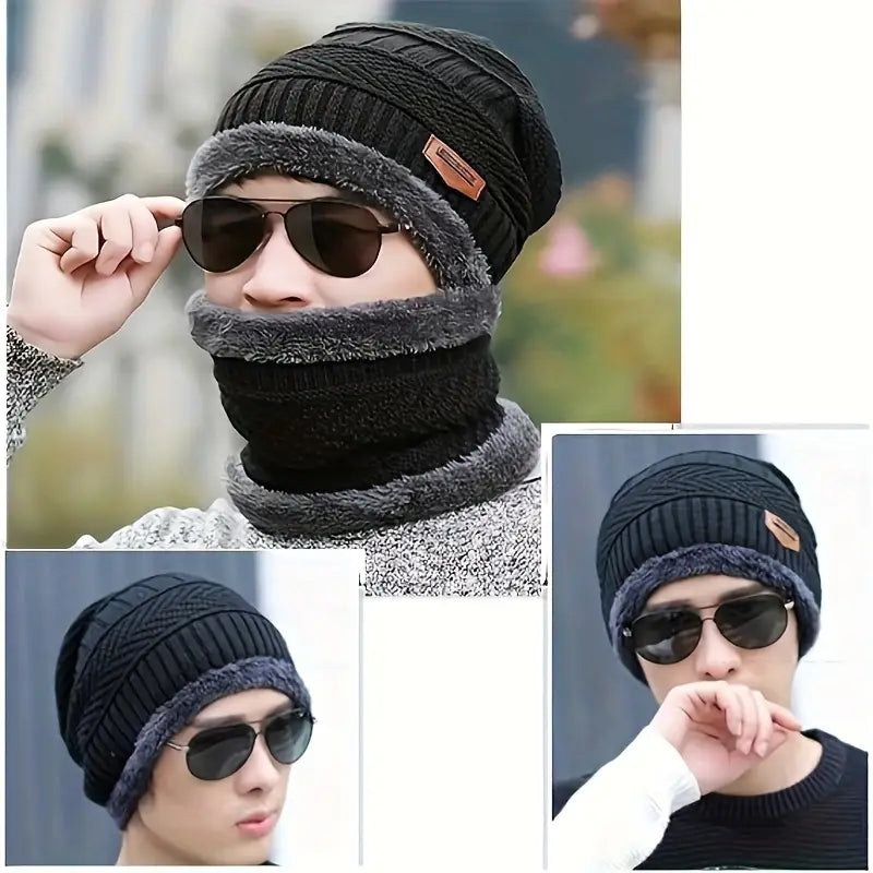 3pcsset Warm Thick Fleece Lined Winter Beanie Hat Scarf And Gloves Set, Gifts For Men