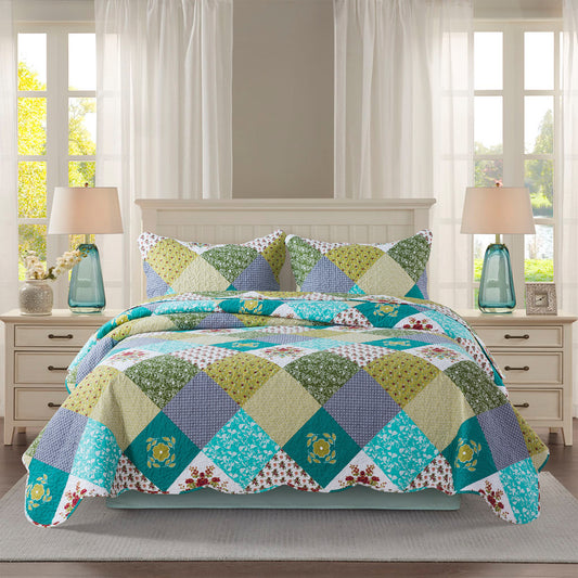 Quilt Bedspread Sets-Checkered Floral Reversible Coverlet Set,Queen/King Size