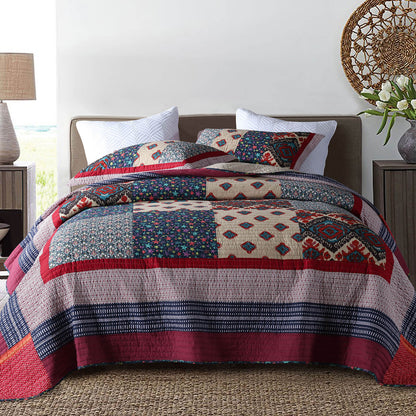 Cotton Bedspread Quilt Set with Real Stitched Embroidery, Luxury Garden Pattern, Queen/King Size