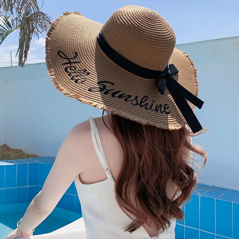 Women Raw Edge Floppy Wide Brim Summer Beach Straw Sun Hat