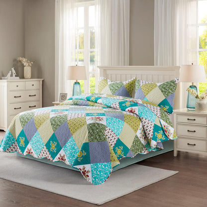 Quilt Bedspread Sets-Checkered Floral Reversible Coverlet Set,Queen/King Size