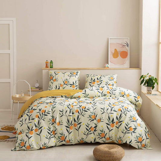 Cotton Duvet Cover Queen Size Floral Comforter Cover, Yellow and Cream