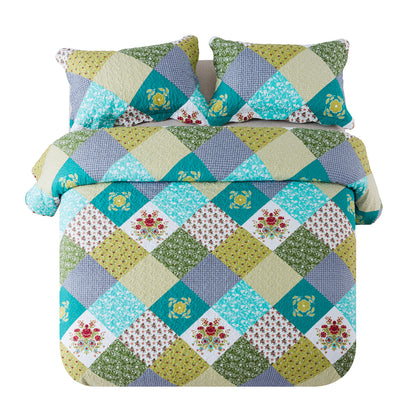 Quilt Bedspread Sets-Checkered Floral Reversible Coverlet Set,Queen/King Size