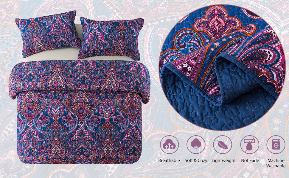 Cotton Bedspread Quilt Sets-Reversible Patchwork Coverlet Set, Purple Classic Floral Pattern
