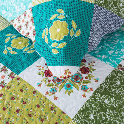 Quilt Bedspread Sets-Checkered Floral Reversible Coverlet Set,Queen/King Size