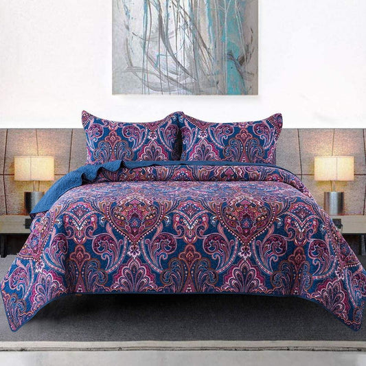 Cotton Bedspread Quilt Sets-Reversible Patchwork Coverlet Set, European Classic Floral Pattern, Queen Size