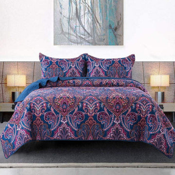 Seturi de cuvertură de pat din bumbac-Set de cuvertură reversabilă, model floral clasic european, dimensiune Queen