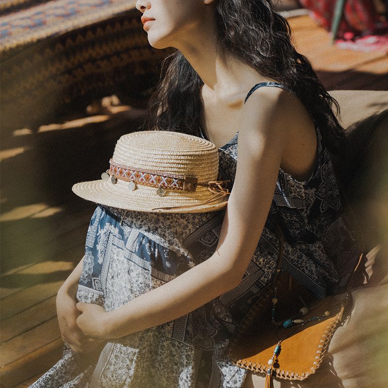 Boho Ethnic Style Summer Female Flat Top Straw Hat