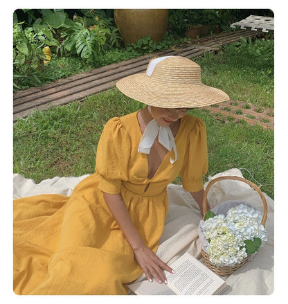 Summer Female Strap Retro Wide Brim Vacation Straw Hat