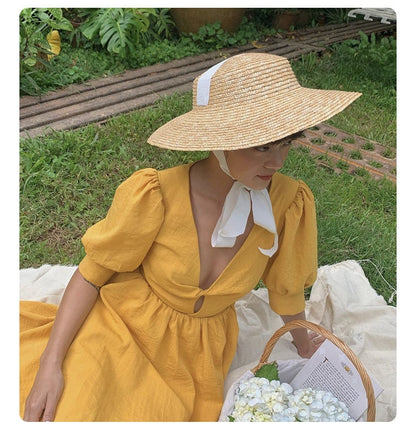 Summer Female Strap Retro Wide Brim Vacation Straw Hat