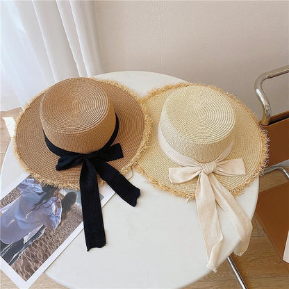 Summer Wide Brim Straw Hat Bow Knot Hand-Woven Beach Hat