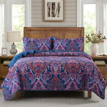 Seturi de pilote de cuvertură de pat din bumbac-Set de cuvertură reversabilă, model floral clasic violet