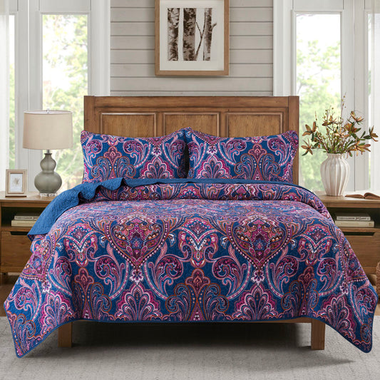 Cotton Bedspread Quilt Sets-Reversible Patchwork Coverlet Set, Purple Classic Floral Pattern