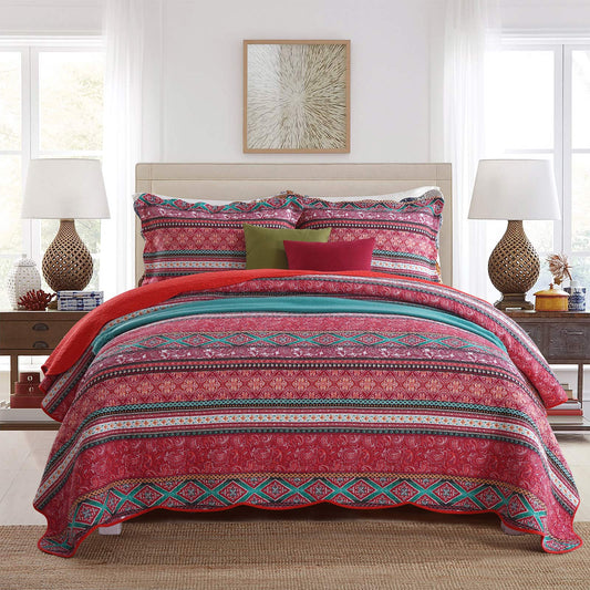 Cotton Bedspread Quilt Sets-Reversible Patchwork Coverlet Set, European Gorgeous Floral Pattern