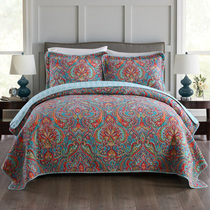 Cotton Bedspread Quilt Sets-Reversible Patchwork Coverlet Set, European Gorgeous Floral Pattern