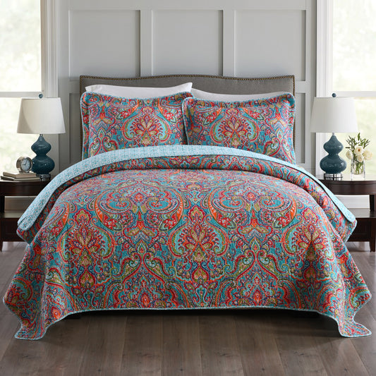 Cotton Bedspread Quilt Sets-Reversible Patchwork Coverlet Set, European Gorgeous Floral Pattern