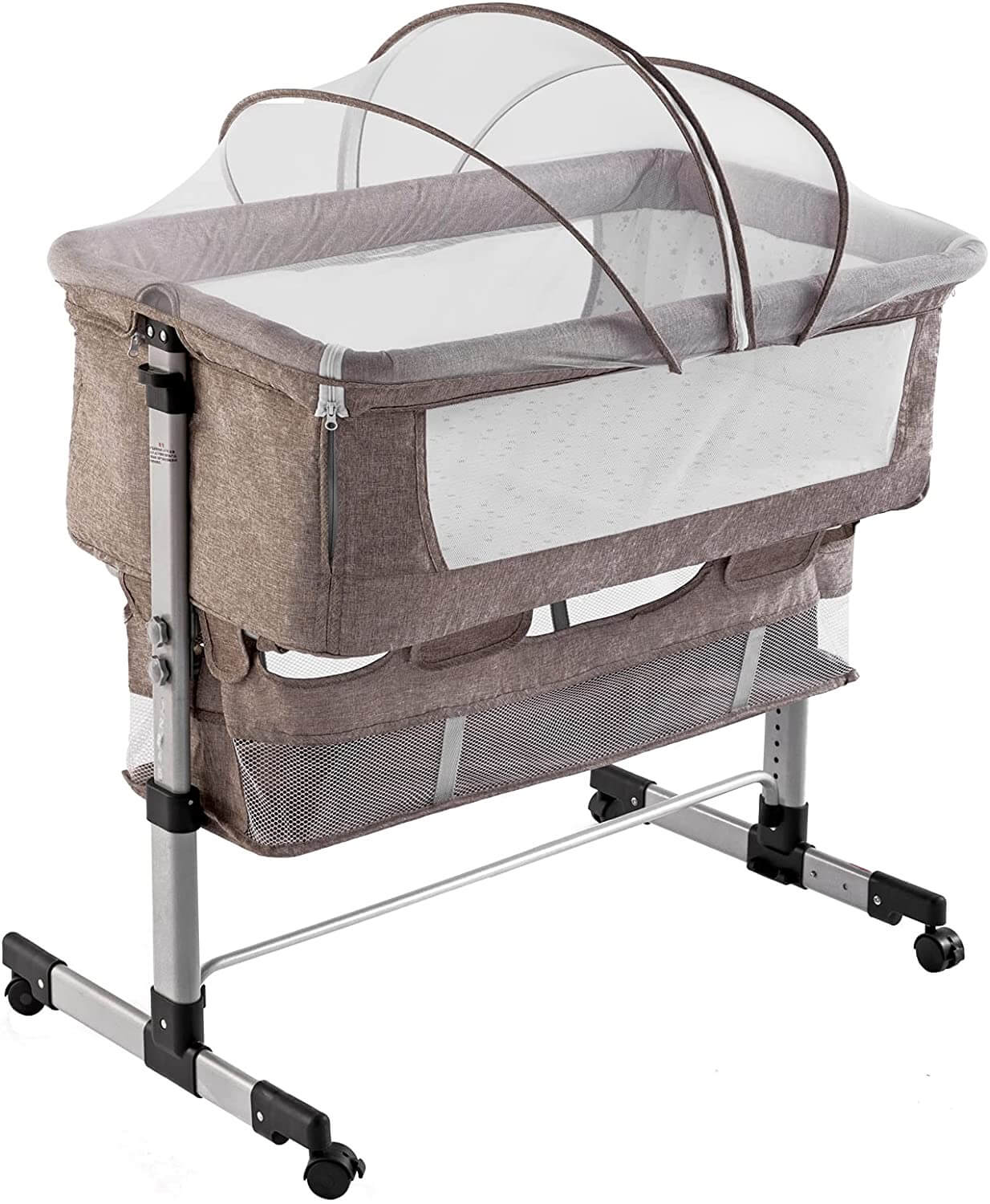 Adjustable Baby Bassinet with Mattress,Easy Folding Baby Crib, Khaki