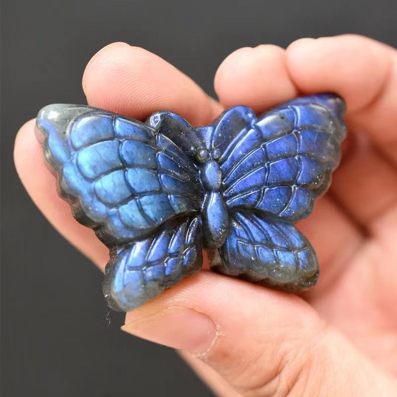 Labradorit albastru natural sculptat manual bufniță, cristal lustruit, piatră fluture