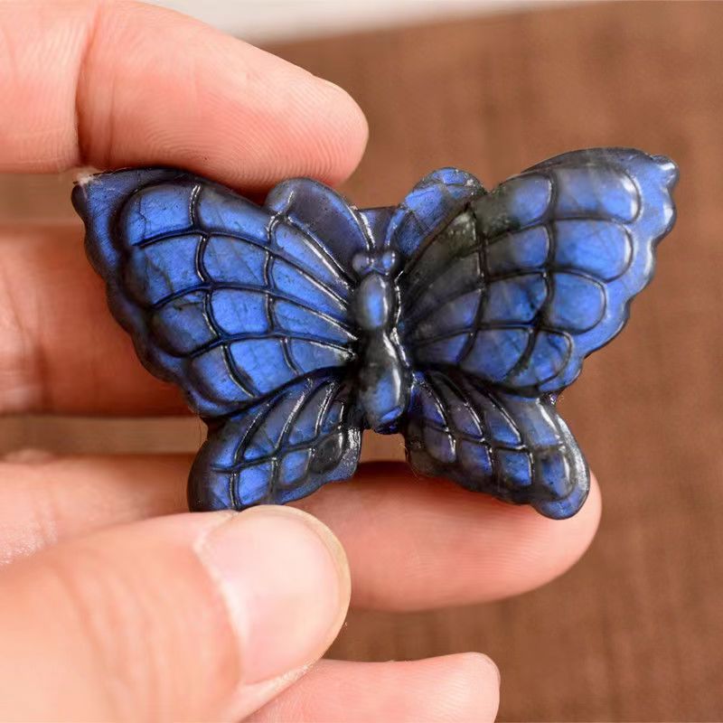 Natural Blue Labradorite Hand-Carved owl Polished Crystal Butterfly Stone