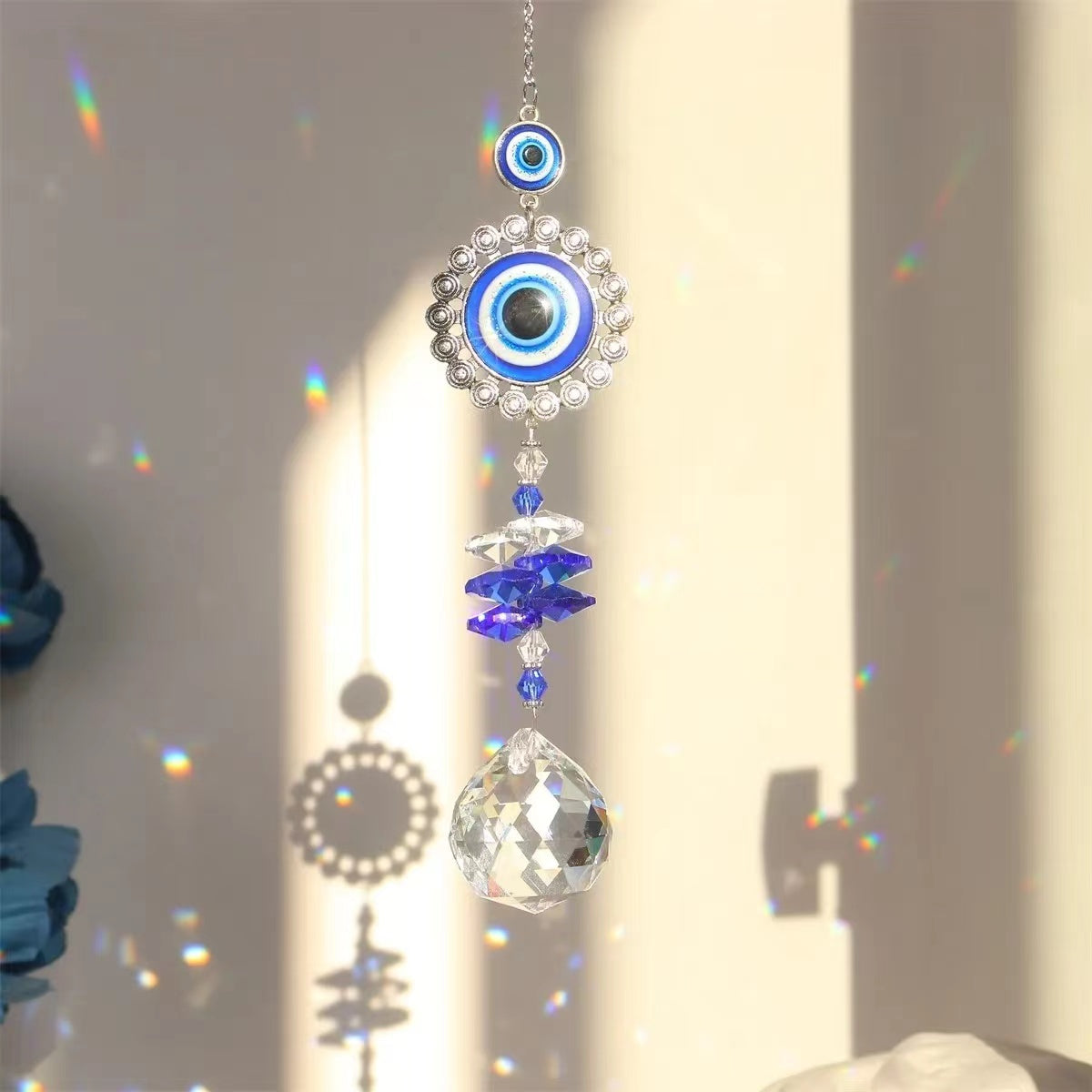 Blue Evil Eye Crystal Prism Rainbow Maker Pendant Suncatcher