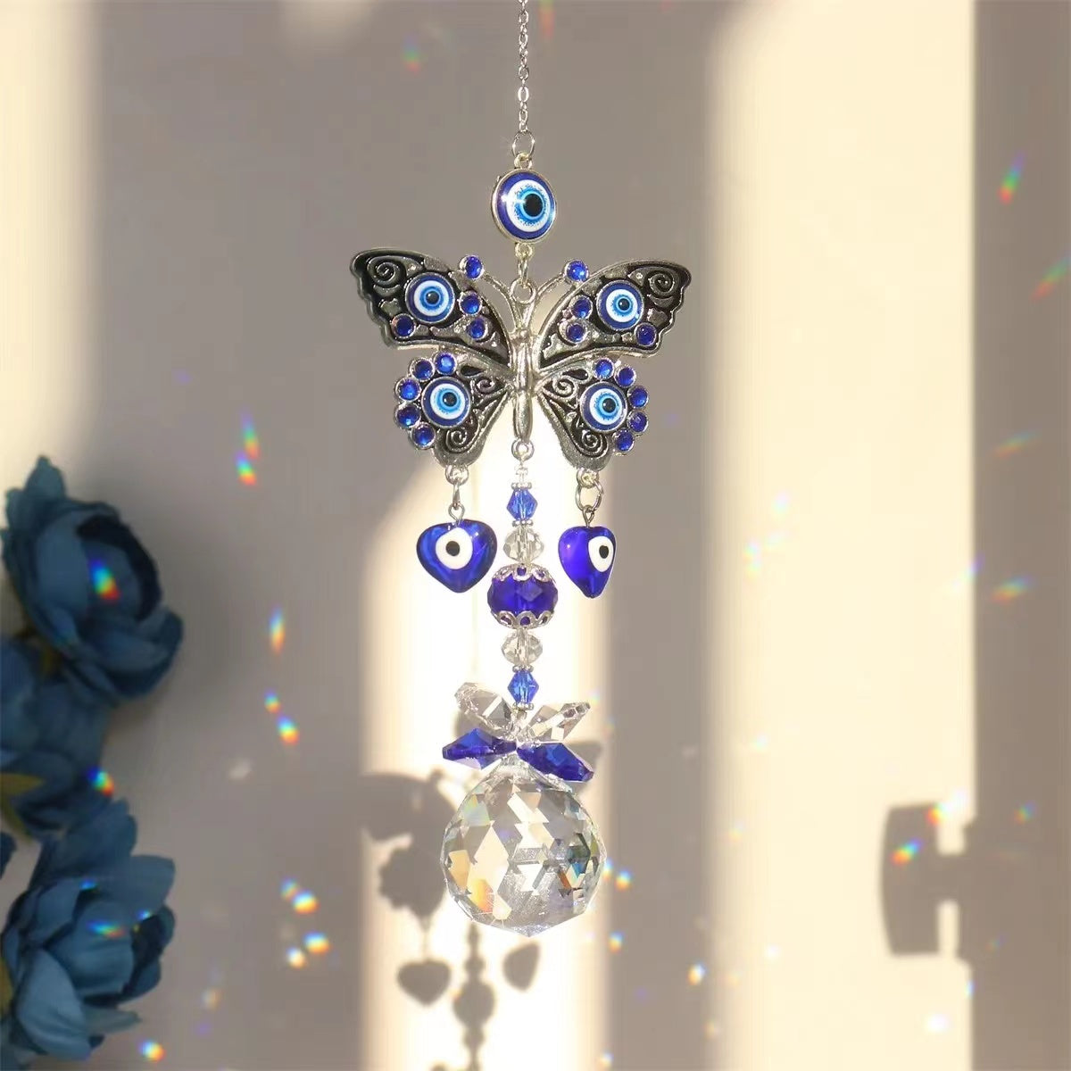 Blue Evil Eye Crystal Prism Rainbow Maker Pendant Suncatcher