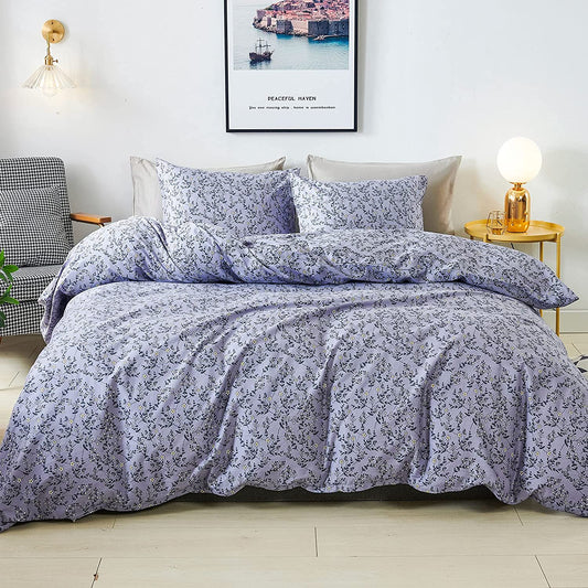 100% Cotton Comforter Cover Floral Duvet Cover Sets,Pale Purple Duvet Cover with Zipper Closure and Corner Ties