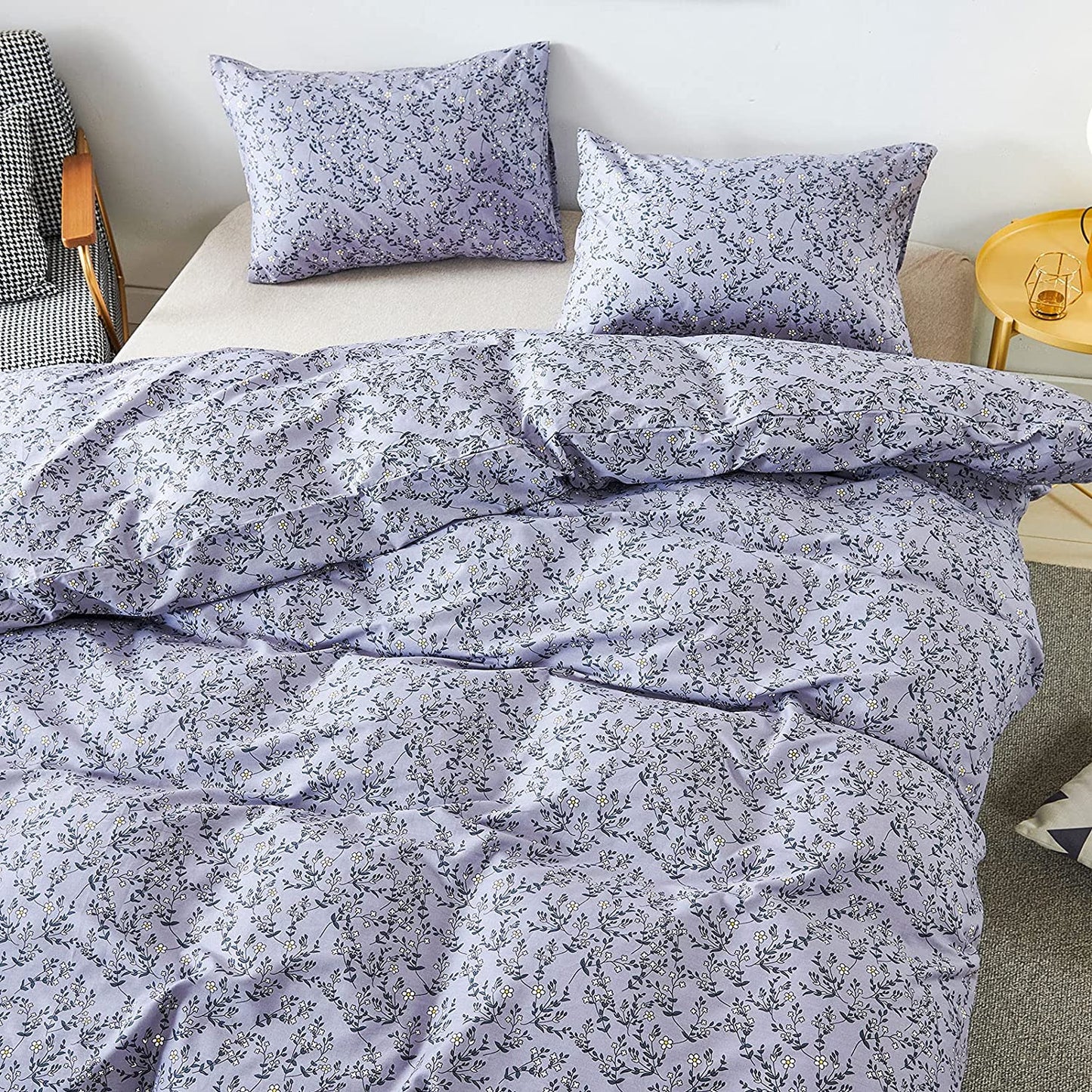 100% Cotton Comforter Cover Floral Duvet Cover Sets,Pale Purple Duvet Cover with Zipper Closure and Corner Ties