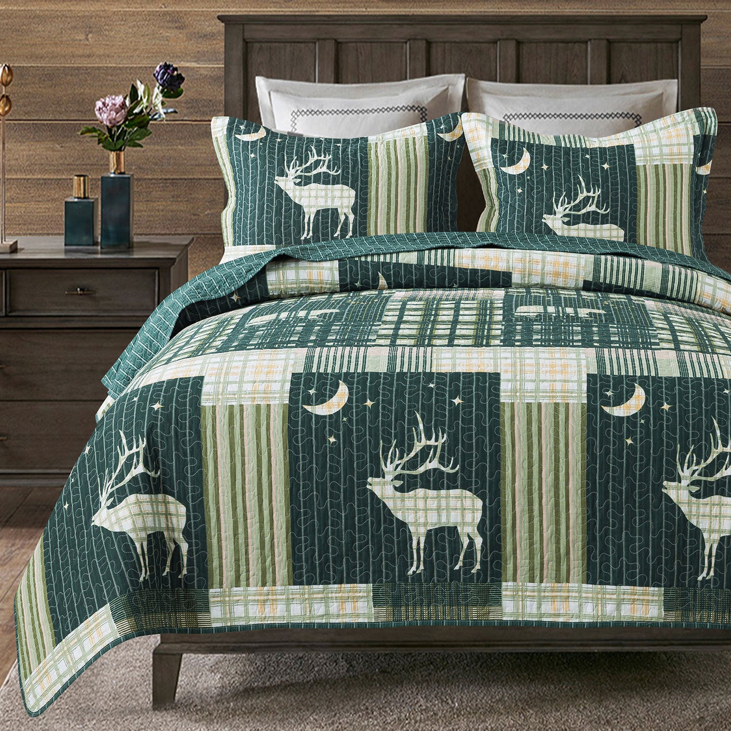 Christmas Bedspread Quilt Set Luxurious Coverlet Warm Bedding Set, Green