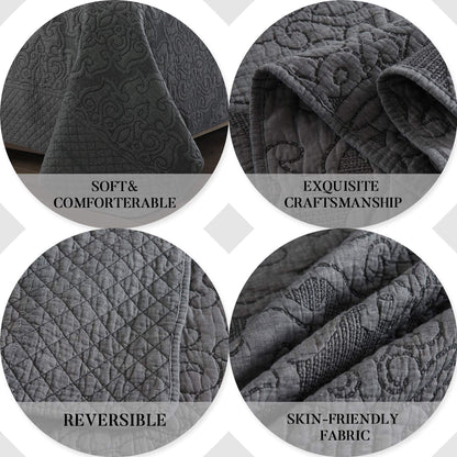 Microfiber Reversible Quilt Bedspread Coverlet Set,Jacquard Embossed Floral,Grey, Queen Size