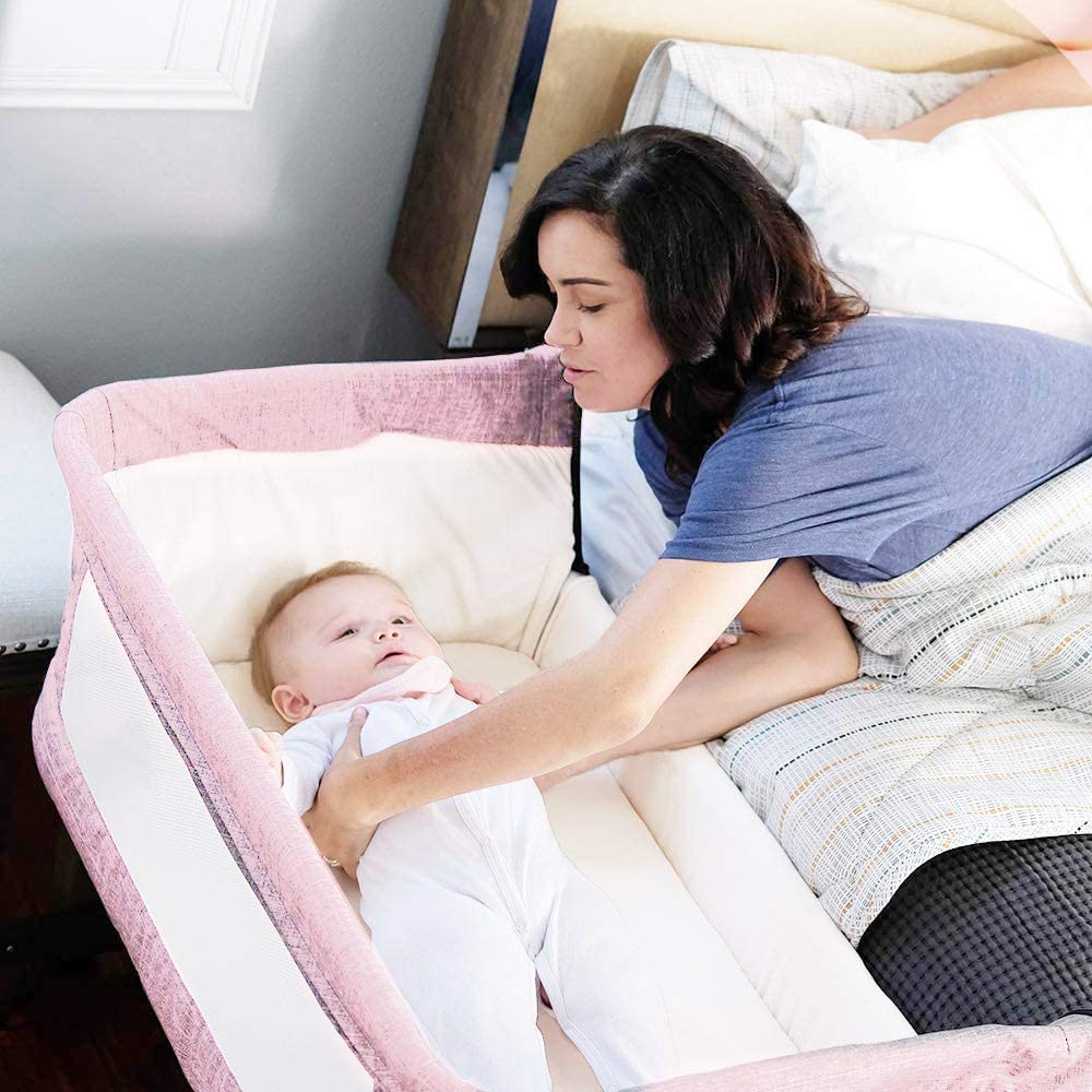 Bedside Sleeper Bedside Crib,Adjustable Pink Baby Bassinet