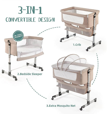 Adjustable Baby Bassinet with Mattress,Easy Folding Baby Crib, Khaki