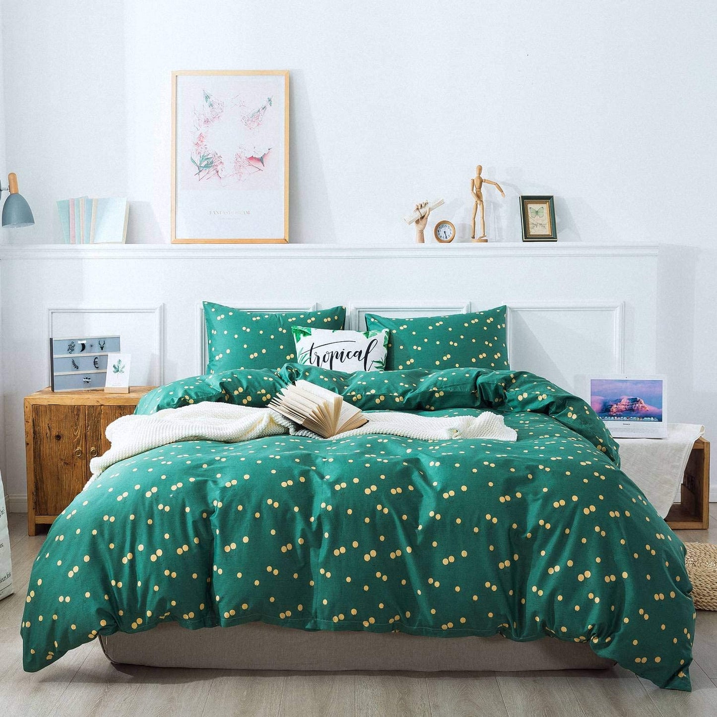 Green Cotton Duvet Cover Queen Size Floral Comforter Cover Set