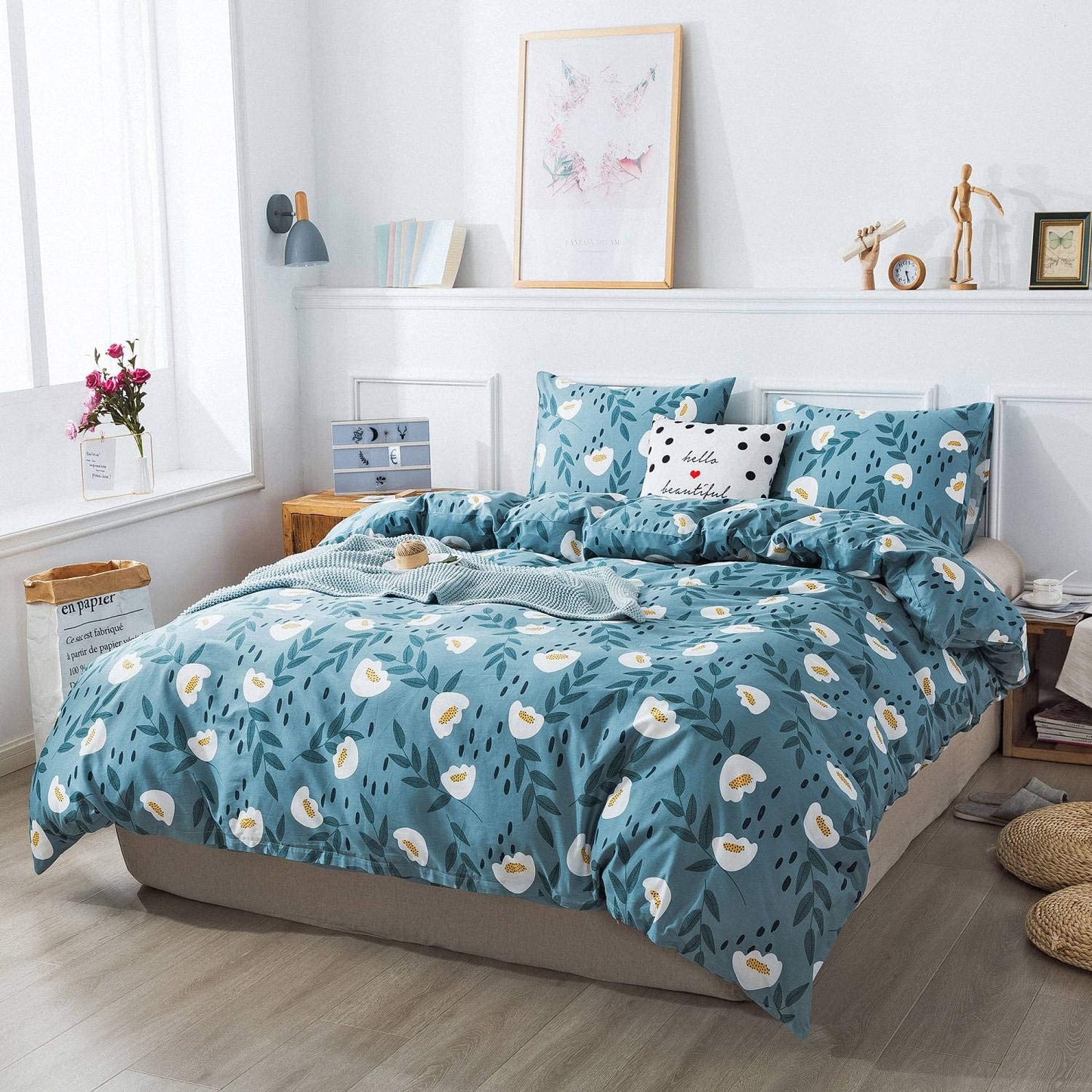 Cotton Duvet Cover Queen Size Blue Floral Comforter Cover Set