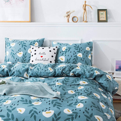 Cotton Duvet Cover Queen Size Blue Floral Comforter Cover Set