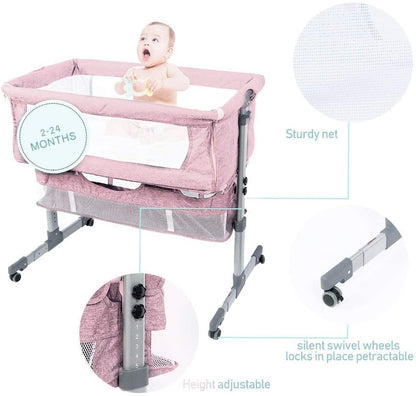 Bedside Sleeper Bedside Crib,Adjustable Pink Baby Bassinet