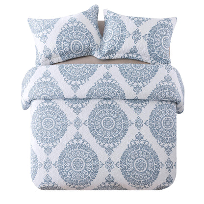 Microfiber Quilt Set Quilted Bedspread Lightweight Coverlet Set Blue Floral Printed Oversized Quilted Bedding Set with Shams