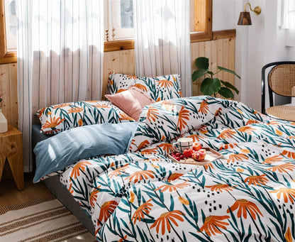 100% Cotton Comforter Cover Floral Duvet Cover Sets, Orange Lotus