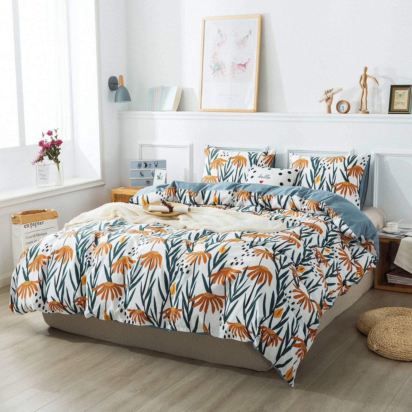 100% Cotton Comforter Cover Floral Duvet Cover Sets, Orange Lotus