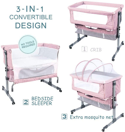 Bedside Sleeper Bedside Crib,Adjustable Pink Baby Bassinet
